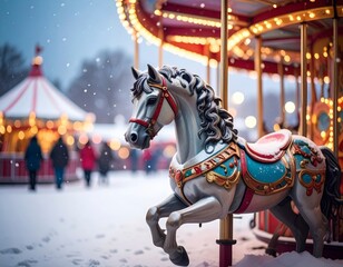 Enchanting winter wonderland with a beautifully decorated carousel horse and falling snow