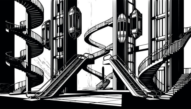 Monochrome illustration of a building interior with escalators and spiral stairs vector illustration