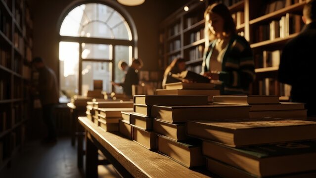 People browsing books in a sunlit old library with warm natural light streaming through an arched window on a bright day - Powered by Adobe