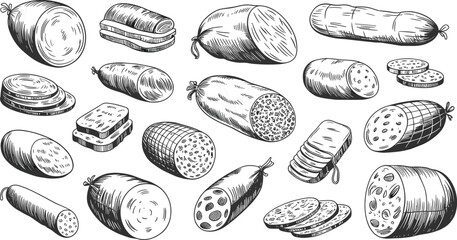 Vintage Hand-Drawn Engraving Sketch Collection of Various Sausages, Salami, and Deli Meats, Perfect for Butcher Shop Menu Design.