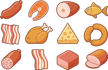 Colorful cartoon meat and cheese food icons set featuring fish, sausage, bacon, ham, and poultry
