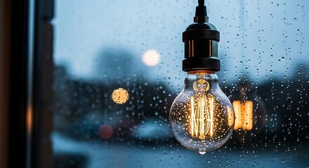 Nostalgic rainy day mood with a vintage edison bulb illuminating a blurry background