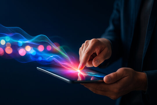 AI generated a hand touching a tablet with colorful data waves symbolizing digital connection creativity and futuristic technology