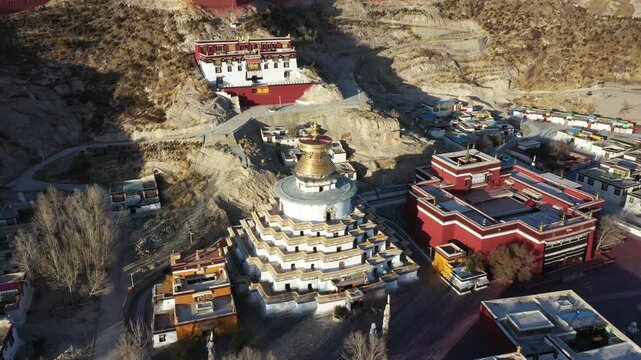 Aerial View of Gyantse Monastery Complex with Golden Stupa in Shigatse County Tibet