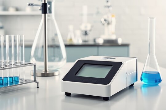 Compact FTIR spectrometer pristine laboratory bench with clear display