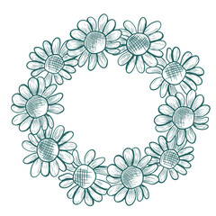 Chamomile flower wreath. Vector round wreath, hand-drawn in a graphic style. Trendy colors used. Botanical illustration of flowers.