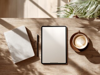 Workspace with blank tablet screen, notebook, and coffee