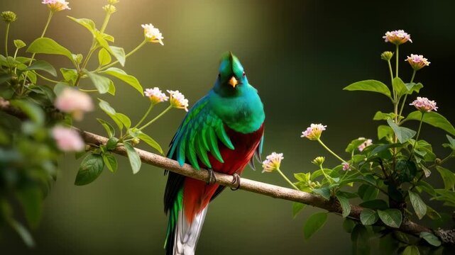 Vibrant quetzal perched on a blooming branch, gazing to the right