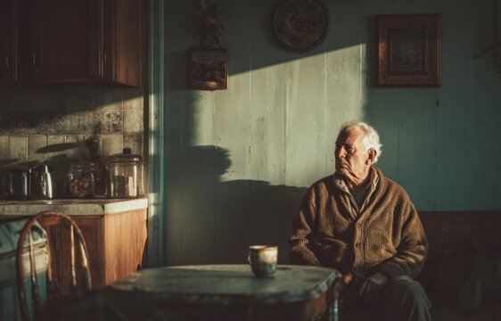 Elderly man feeling lonely in a quiet kitchen