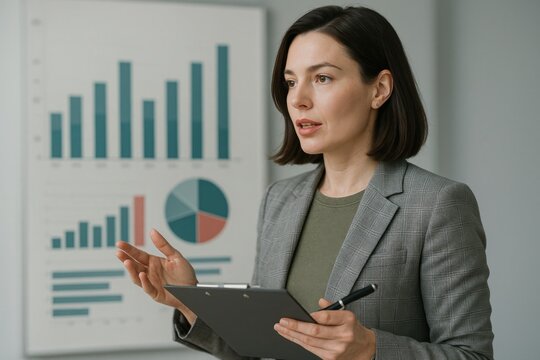 Presentation of the Data: A confident woman delivers a compelling presentation in a modern office, using graphs and charts to convey data and insights. Capturing professional skill and data