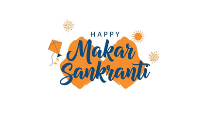 Happy Makar Sankranti Text Design with Kites and Sun.