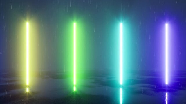 Rainbow color neon light lines on rain bg 4k