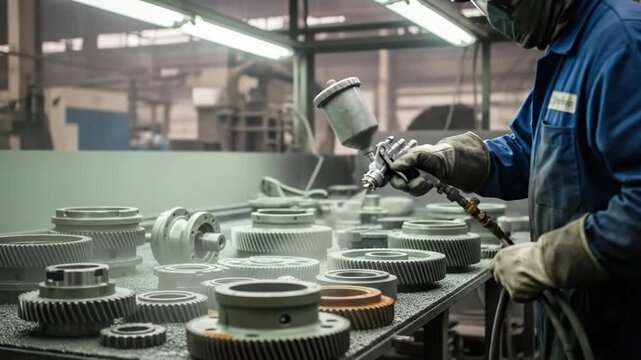 Industrial worker applying coating to metal parts in a workshop environment