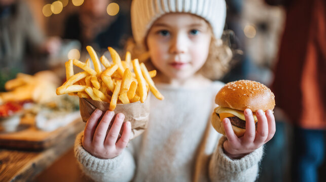 Child holding delicious burger and crispy fries in cozy restaurant setting, showcasing joyful dining experience with family and friends