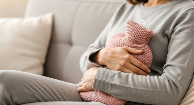 Woman in cozy gray outfit holds pink hot water bottle against abdomen, seeking relief from menstruation pain in a comfortable home setting