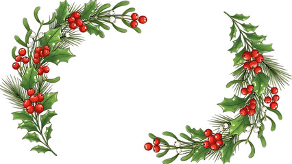 Christmas corner decoration with holly berries isolated on transparent background