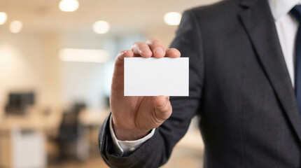 Businessman in formal attire holding blank business card in modern office environment, showcasing professional identity and networking potential