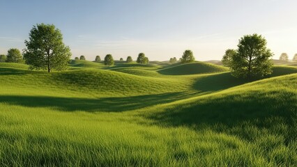 Obraz premium Green rolling hills with trees casting long shadows on a bright sunny day outdoors