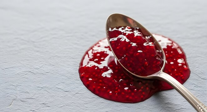 Rich raspberry jam spilled on a dark slate background with a silver spoon for a delicious breakfast food concept and natural sweetness