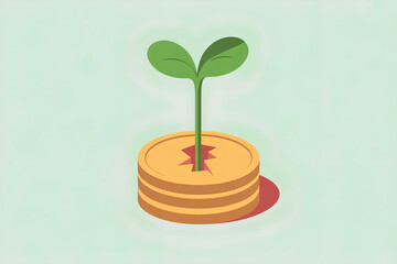 Flat illustration of green sprout emerging from gold coin stack on pastel background