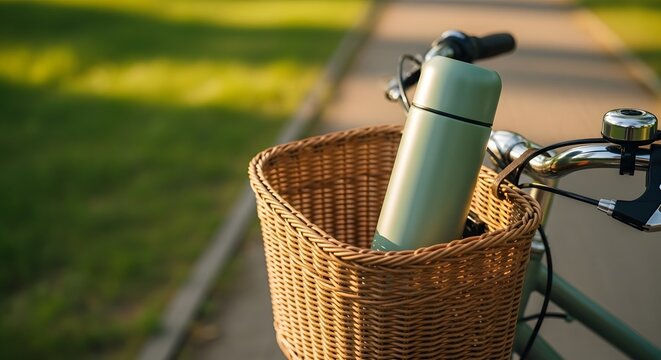Green thermos bottle in a vintage bicycle basket bathed in golden hour light for sustainable living concept and daily commute