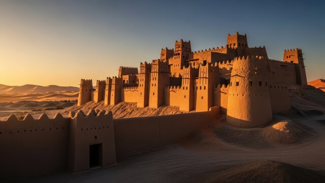 Ancient mud brick fortress glowing golden at sunset in a vast desert landscape with sand dunes. United Arab Emirates UAE national day