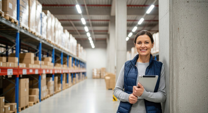 Retail woman smiling while holding tablet in a warehouse, surrounded by shelves of boxes, showcasing a positive work environment and professionalism