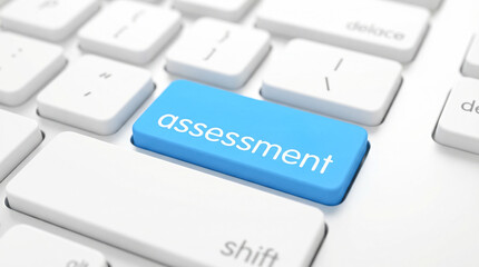 Keyboard with a prominent blue key labeled assessment, symbolizing evaluation and analysis in digital environments and educational contexts