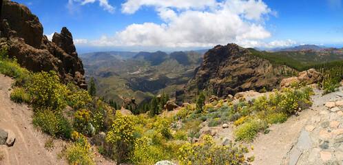 Panoramic view from Pico de las Nieves across mountains, valleys and blooming landscape on Gran Canaria in clear weather
