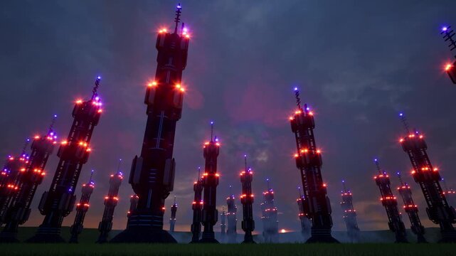 6g towers night red led lamps telecommunication technology 4k