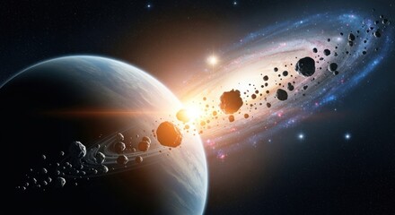 A planet with a ring system and numerous asteroids in orbit.