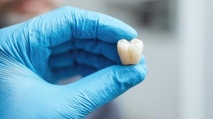 Gloved hand of dentist holding extracted tooth, close-up. Teeth whitening, dental oral hygiene, teeth restoration, dentist day