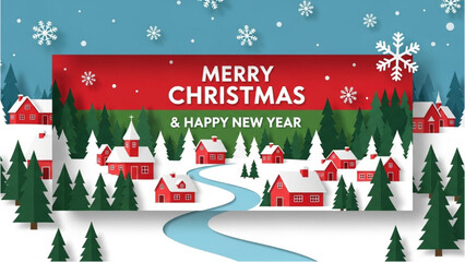 Merry Christmas And Happy New Year Greeting Card With Winter Village Scene