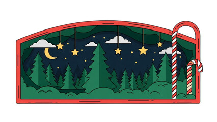 Whimsical Holiday Night Forest Illustration with Twinkling Stars, Moon, and Festive Candy Cane Decoration