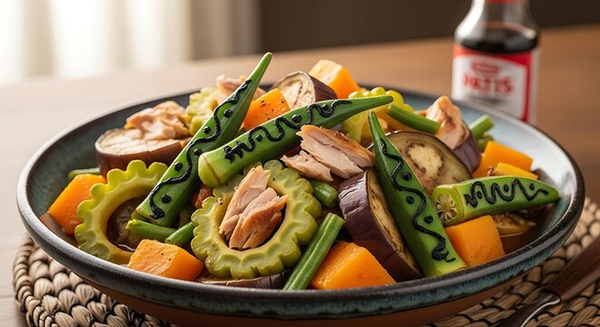 Traditional filipino vegetable stew pinakbet in brown ceramic bowl
