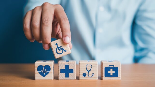 Individual selects a wooden block representing disability coverage among various medical service options