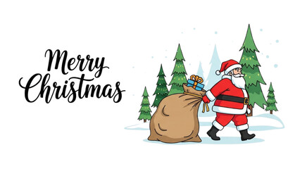 Santa Claus walking through a snowy winter forest with a big sack of gifts for Christmas