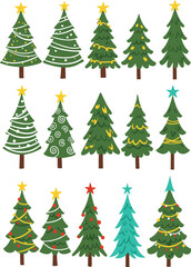 Set of fifteen decorated Christmas trees, festive holiday season design, colorful ornaments and stars, winter celebration symbols, decorative pine tree illustration
