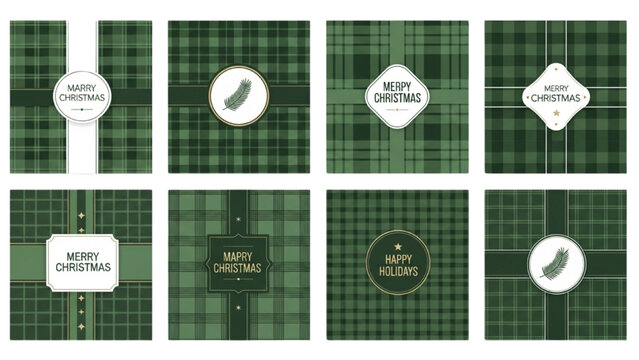 Set of green plaid Christmas greeting cards with festive labels and holiday frames