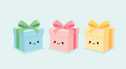 Naklejka premium Three cute kawaii gift boxes in pastel blue, pink, and yellow, each with a happy face and matching bow, stand on a light background.