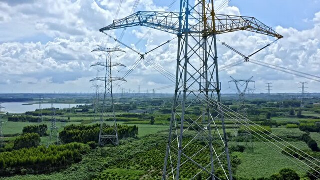 Power Grid Transmission Lines Over Farmland in Zhanjiang Southern China Electrical Infrastructure