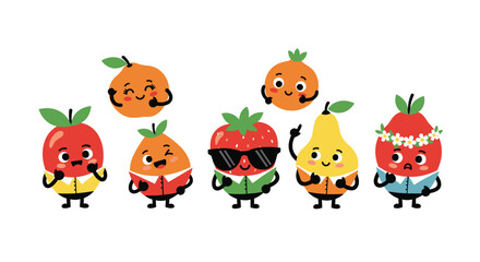 A group of cheerful and expressive cartoon fruit characters, including apples, oranges, strawberries, and pears, some wearing clothes and accessories.