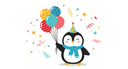 An adorable cartoon penguin celebrates with a party hat, blue scarf, and colorful balloons, surrounded by festive confetti and stars.