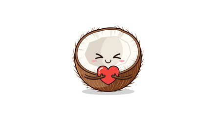 Cute cartoon coconut character with a happy face holding a red heart, symbolizing love and tropical affection on a white background.