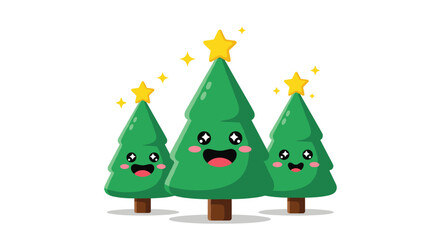 Cute trio of festive cartoon Christmas trees, each topped with a sparkling star and featuring an adorable, cheerful face.