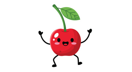 A cheerful, adorable cartoon cherry with a big smile and rosy cheeks, celebrating joyfully with its arms raised on a white background.