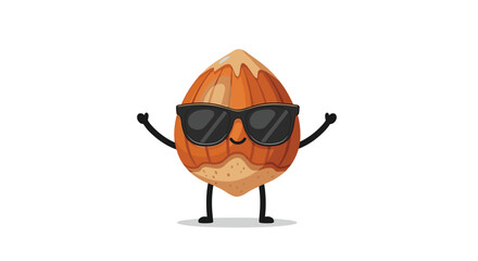 A cheerful and cool cartoon hazelnut character wearing stylish black sunglasses and posing with raised arms against a clean white background.