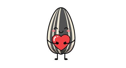 Cute animated sunflower seed character happily holding a red heart, expressing love and affection on a clean white background.