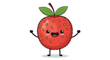 Cute cartoon rambutan character with a happy face and raised arms, standing cheerfully on a white background, exuding joy.