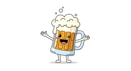 A cute, cheerful cartoon beer mug character with a foamy head, smiling face, and winking eye, joyfully posing on a white background.